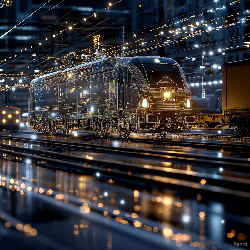 A train in a warehouse or factory setting, surrounded by tools and equipment.