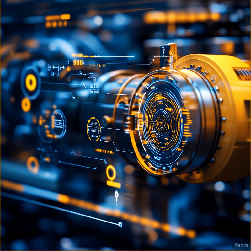 A futuristic engine or turbine is prominently displayed in an industrial setting, surrounded by circuitry diagrams and data displays.