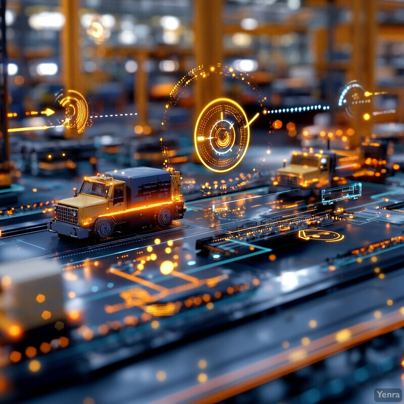 A warehouse or factory setting where trucks are being transported on conveyor belts.