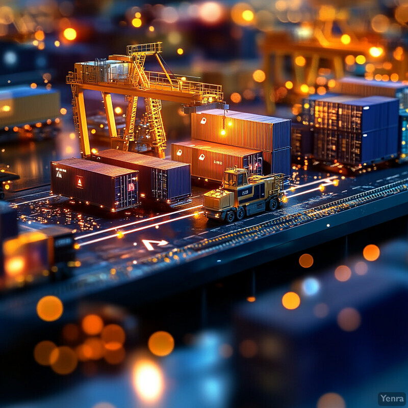 A busy port area at night, with various cargo containers and vehicles in motion.