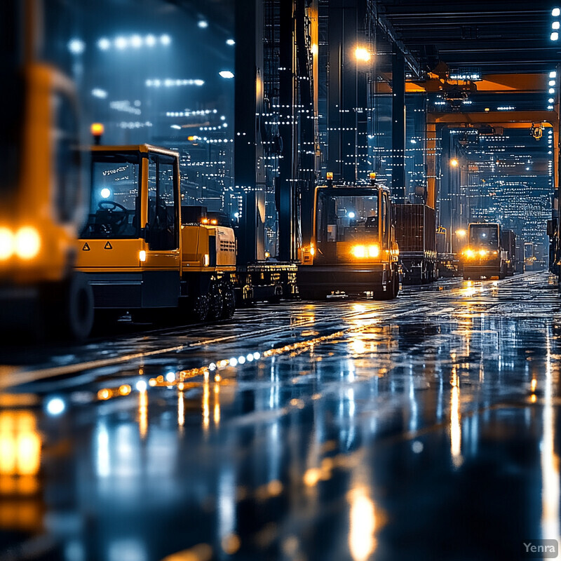 Multiple yellow and black vehicles are parked in a row inside an indoor facility used for transporting goods or materials.