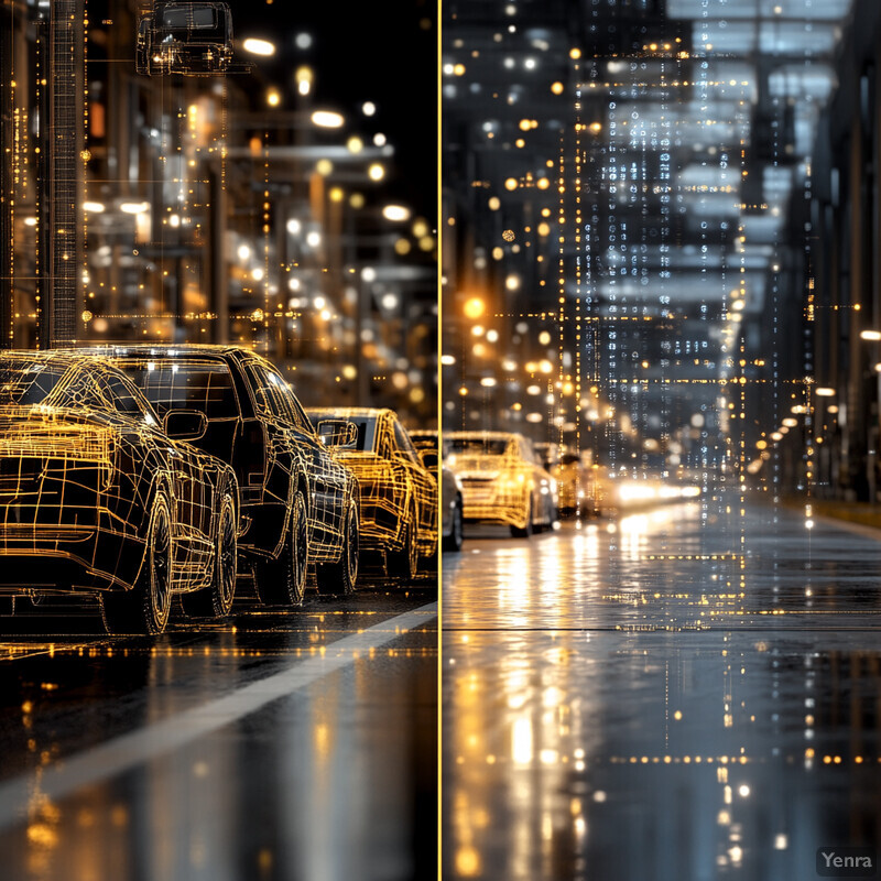 A nighttime cityscape with a row of cars parked along the side of the road, their outlines rendered in yellow against a black background.