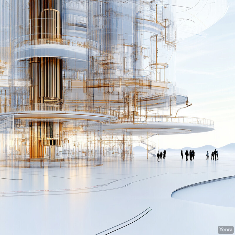 A futuristic building design with curved lines and geometric shapes, featuring a large multi-level structure with intricate details and gold accents.