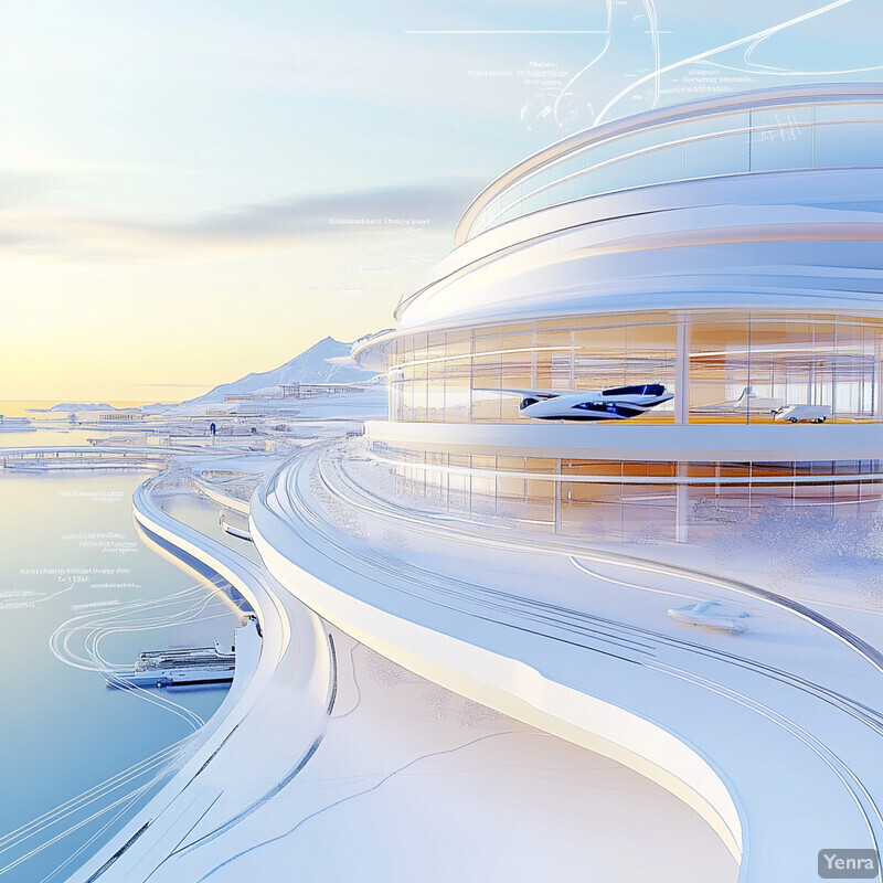 Futuristic terminal building with a large, curved glass facade and a sleek, modern design.