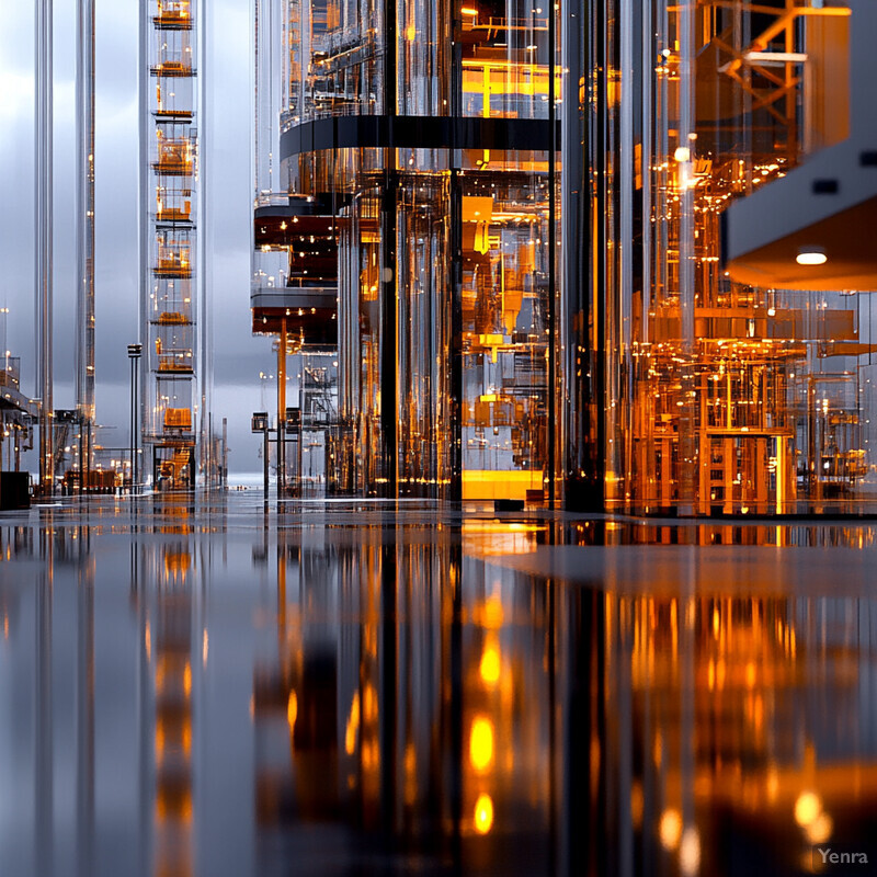 An industrial landscape with large glass and metal structures, processing materials in a factory or manufacturing facility.