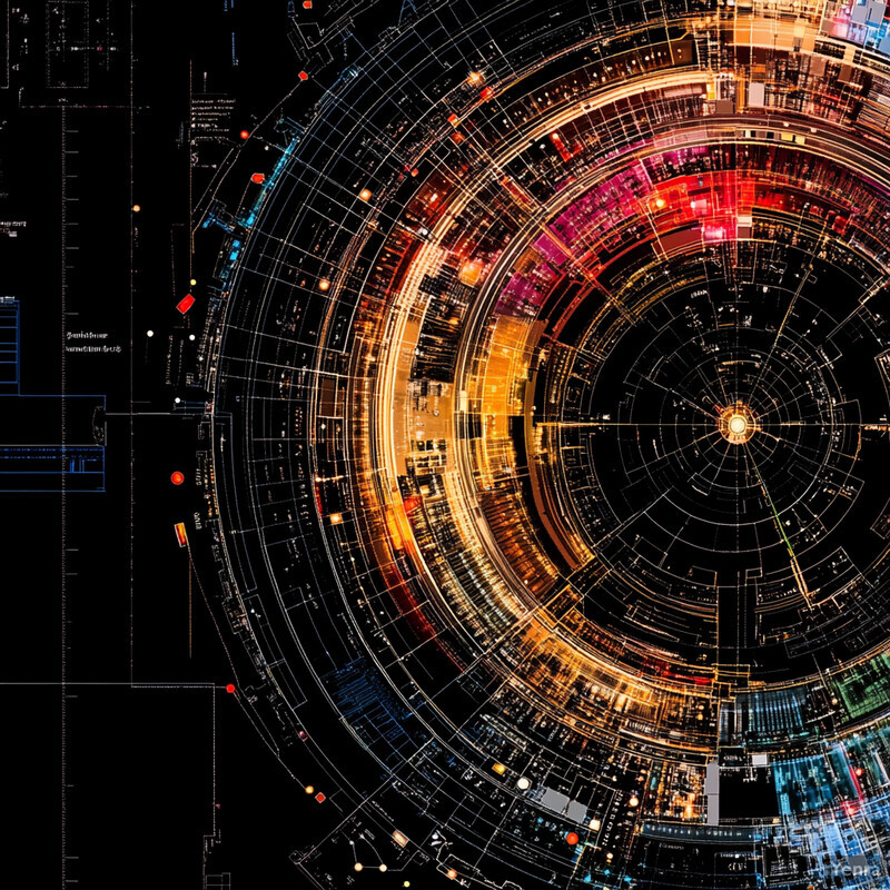 An abstract representation of traffic patterns with concentric circles and various symbols.