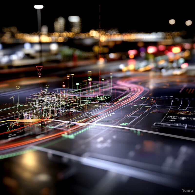 A 3D rendering of a road network with various features such as roads, intersections, and buildings, showcasing a comprehensive approach to managing traffic flow and reducing congestion in urban areas.