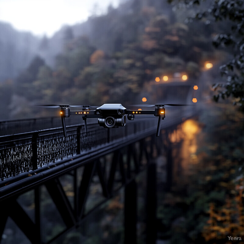 A drone hovers above a bridge, showcasing its advanced features and capabilities.