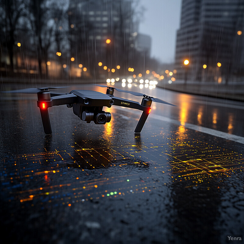 A drone is seen on a wet road in an urban setting, likely during nighttime or early morning hours.