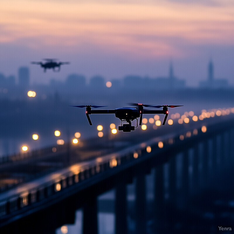 Two drones flying over a bridge in an urban setting at dusk or dawn.