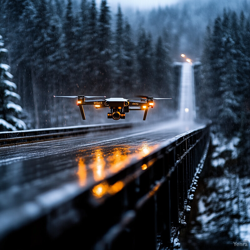 A drone flies over a bridge in a snowy forest, capturing the beauty of winter.