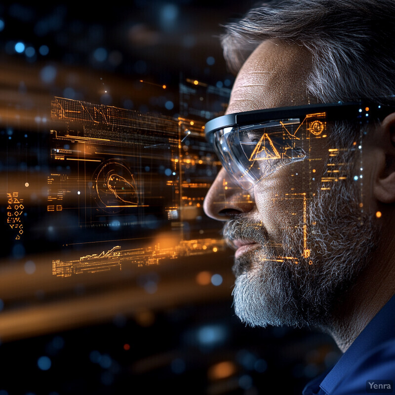 A man wearing augmented reality glasses in an office setting.