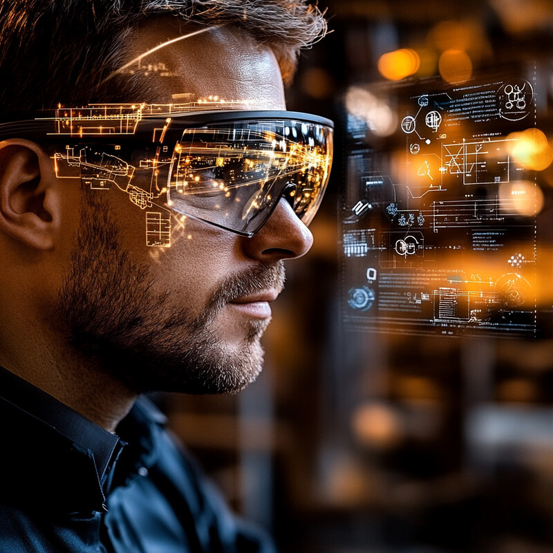 A man wearing augmented reality glasses with gold-colored overlays displaying technical diagrams and schematics in an industrial or workshop setting.