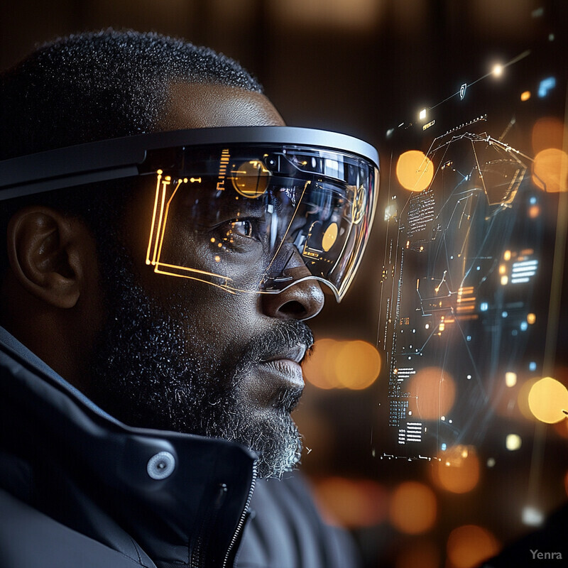 A man wearing futuristic-looking glasses with an augmented reality overlay on his face.