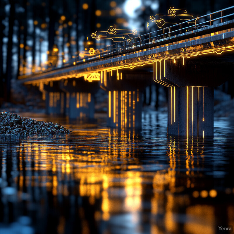 An illuminated bridge spanning over a body of water.