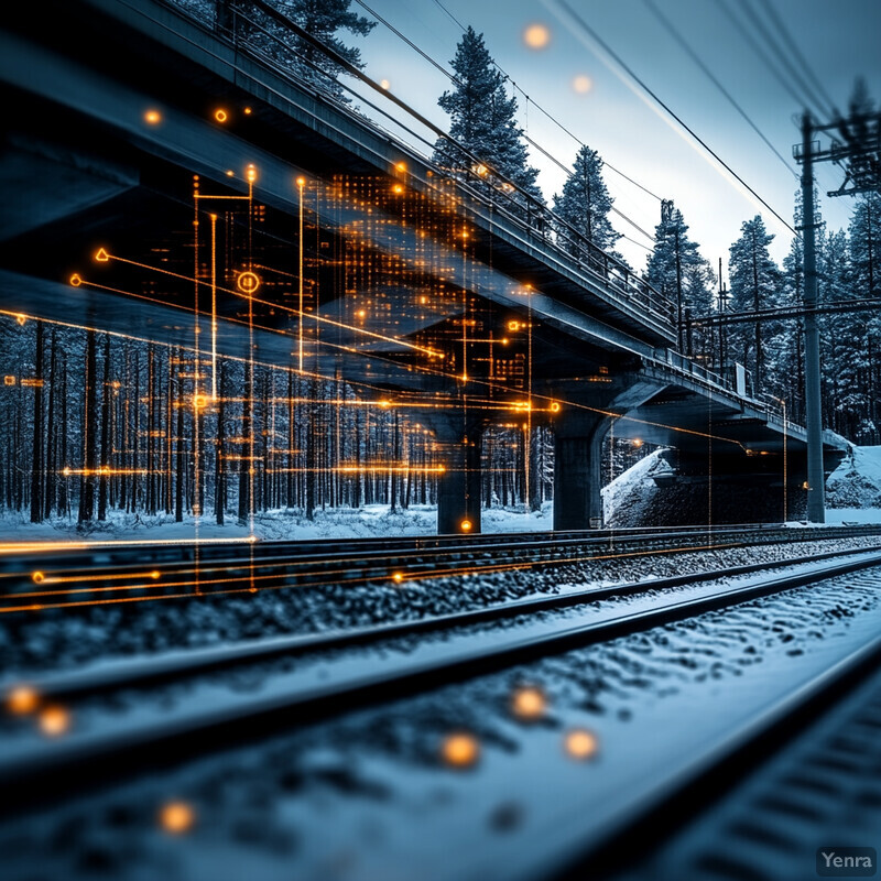 An overhead bridge spans two train tracks in a snowy landscape, with yellow lights adding warmth to the scene.