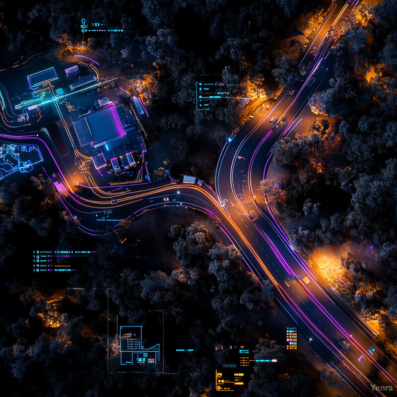 Aerial view of a city highway at night with neon lights and various vehicles.