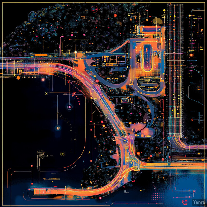 A detailed map of a complex network of roads and highways, with various vehicles in motion.