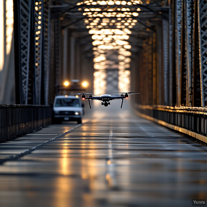 Autonomous drone conducting inspections on a bridge.