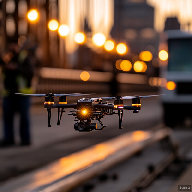 Autonomous drone-based inspection system in action, capturing high-resolution images of a bridge or road.