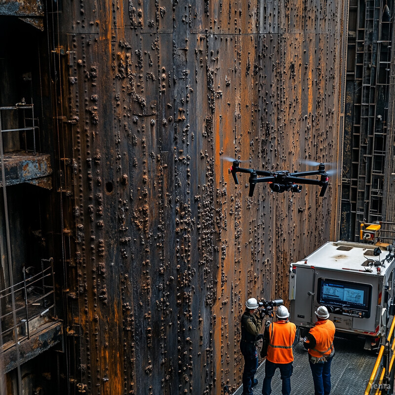 A black drone is flying near a large metal structure in an industrial setting.