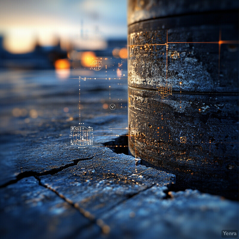 An industrial setting with a large metal object in the foreground and blurred background.