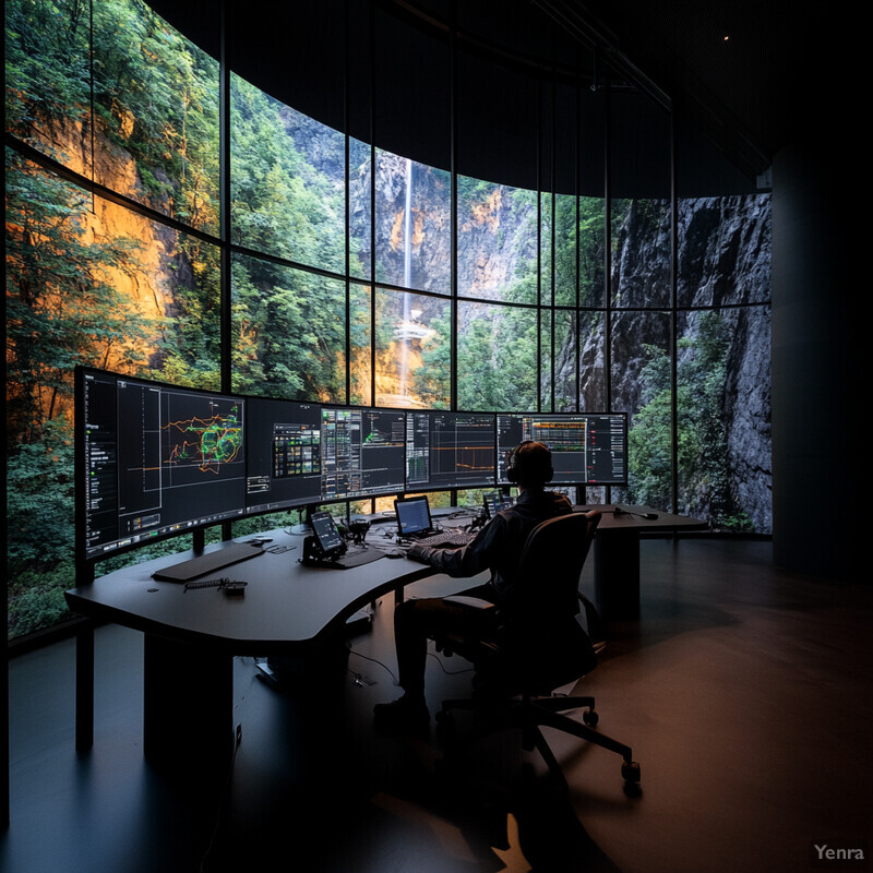 A person is working at a computer workstation in an office with curved glass walls and floor-to-ceiling windows offering a view of a rocky cliffside.