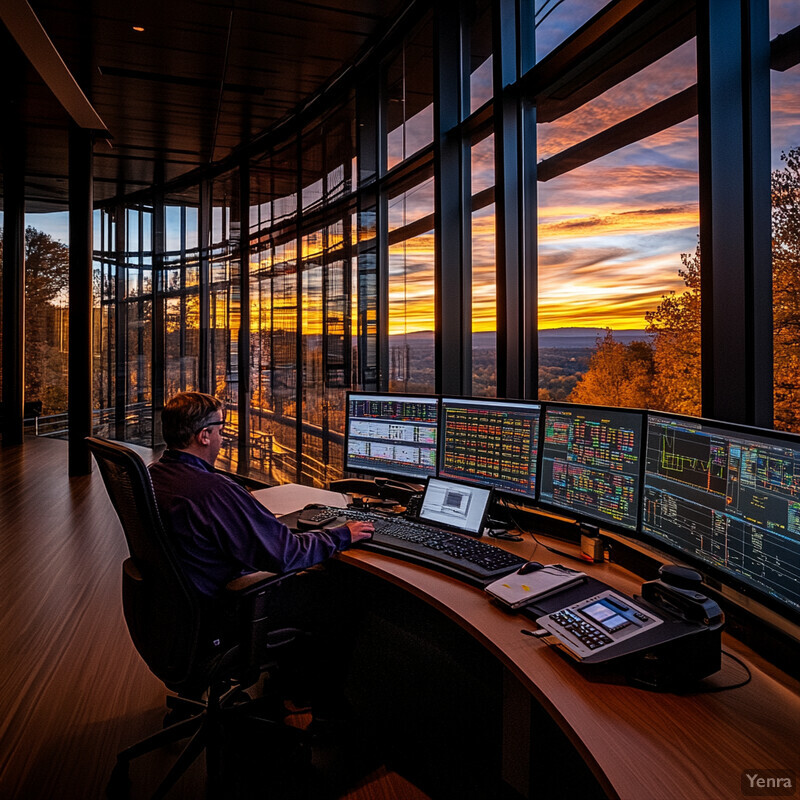 A man is intently focused on his work at a cluttered desk in front of multiple computer monitors, with a stunning cityscape view outside the window.