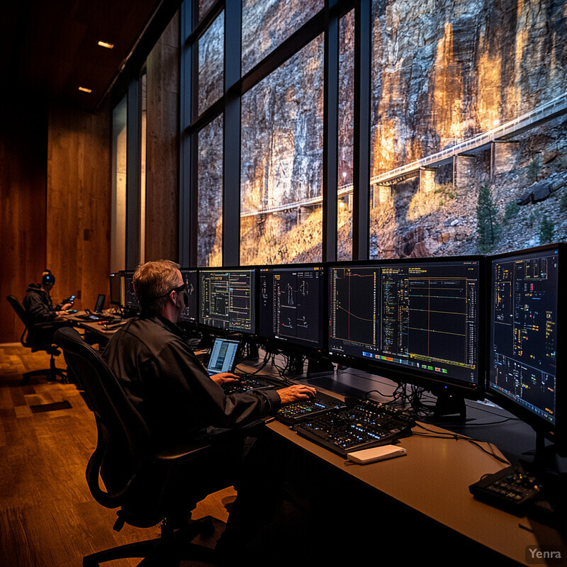 A man sits at a desk in front of computer monitors, surrounded by natural light and wood paneling.