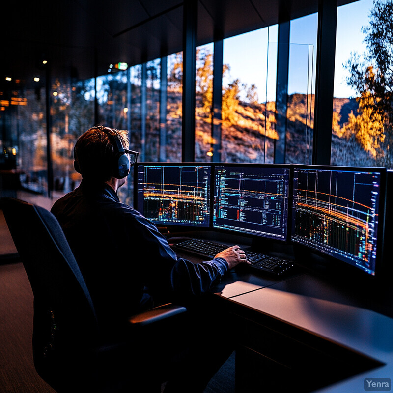 A man is working on his computer in an office or workspace, likely programming or analyzing data.