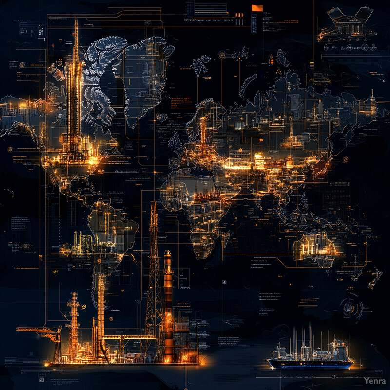 A futuristic representation of global scalability and standardization, featuring industrial machines and a map of the world.