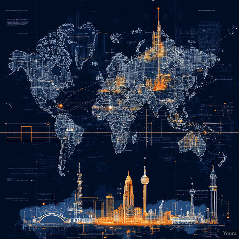 A world map with a city skyline in the foreground.