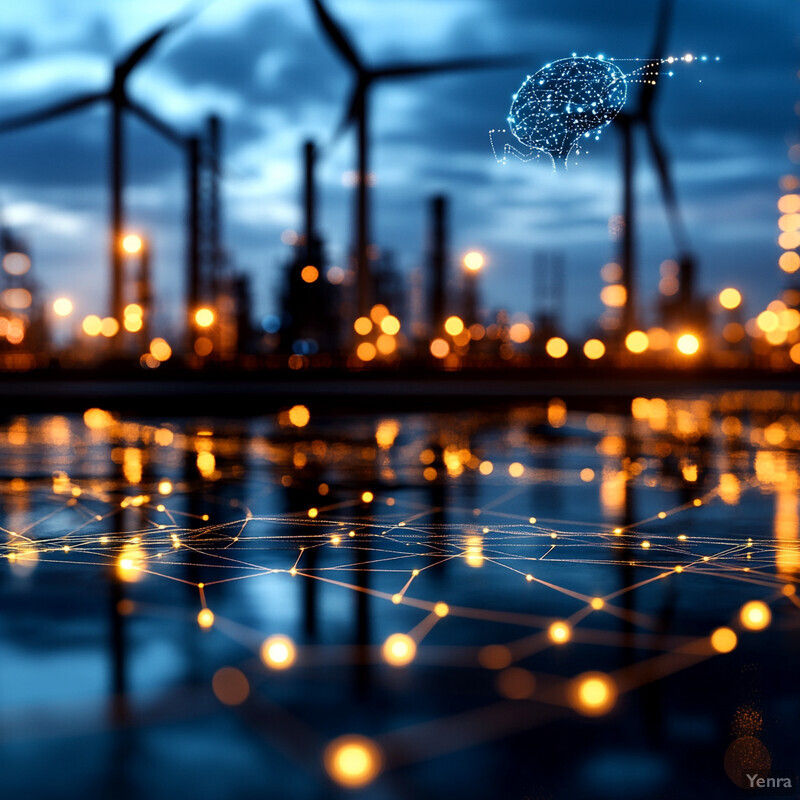 An image of an industrial setting with wind turbines, pipes, and a network of yellow lines, symbolizing data transmission for learning from industry data.