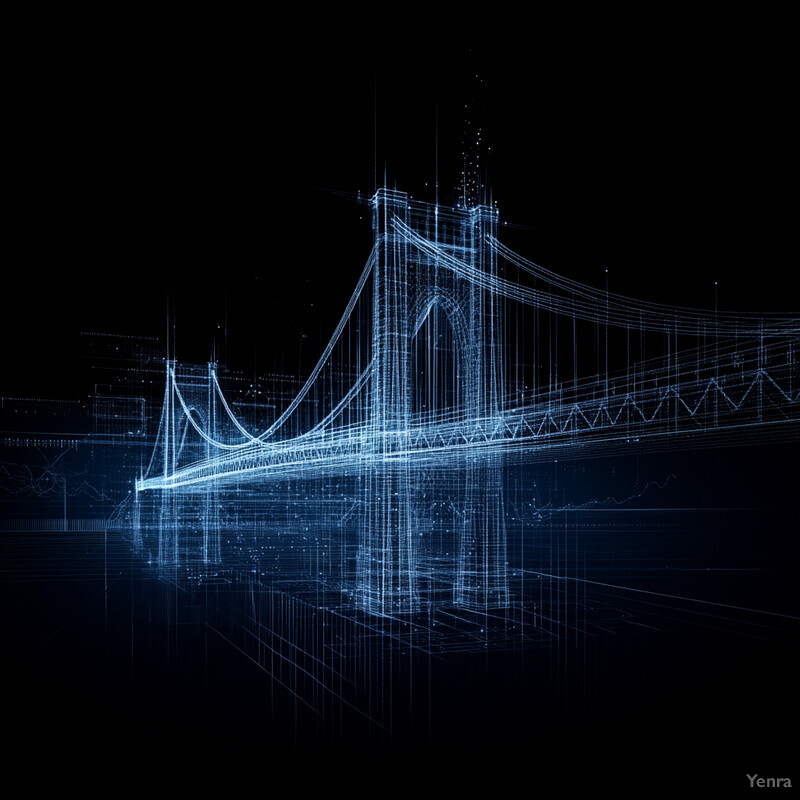 A computer-generated representation of a bridge with intricate design and structural components.