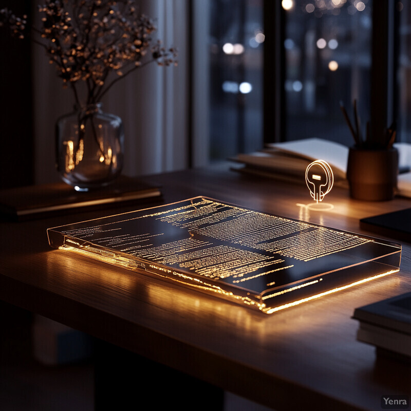 A desk with a computer monitor and keyboard in front of a window with a cityscape view at night.