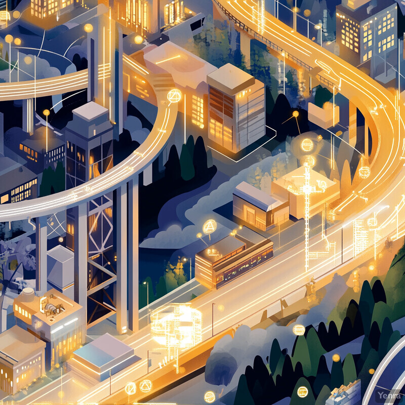 An isometric illustration of a cityscape at night, featuring modern buildings and well-lit streets.