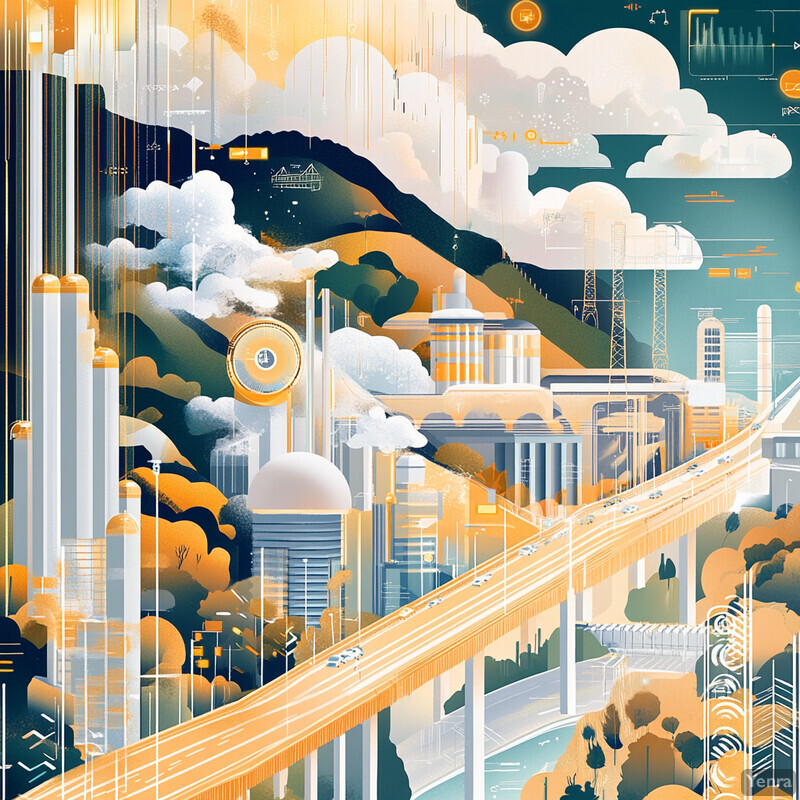 A futuristic cityscape with a highway running through it, surrounded by mountains and clouds.