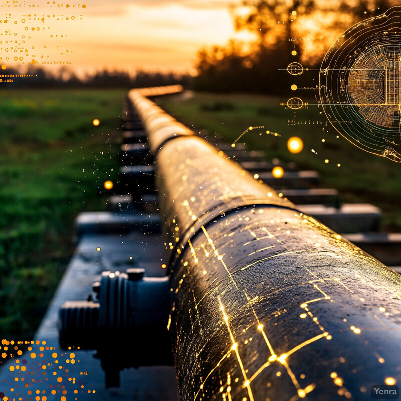 A long black pipe running through a field or meadow at sunset or sunrise.