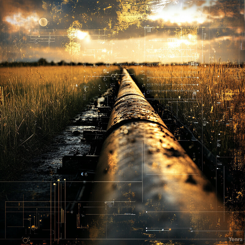 A long, straight pipe runs through a field of tall grass and weeds, with visible signs of wear and tear.