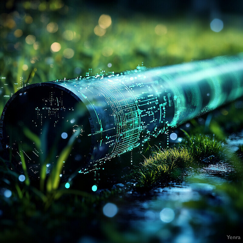 A cylindrical object with a blue-green glow lies in a grassy field.