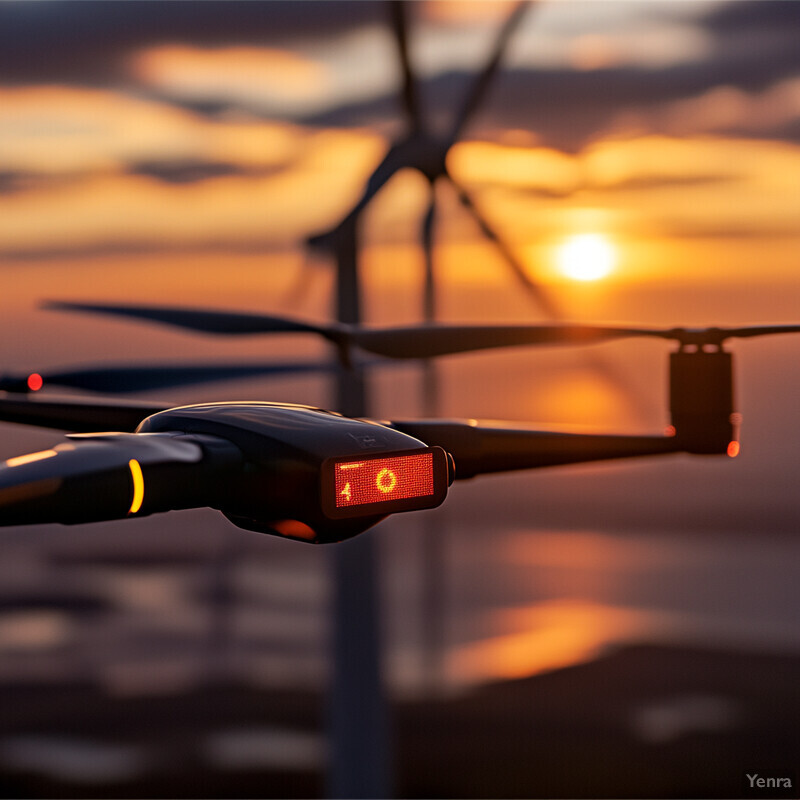 A drone or helicopter flying in front of a wind turbine at sunset.