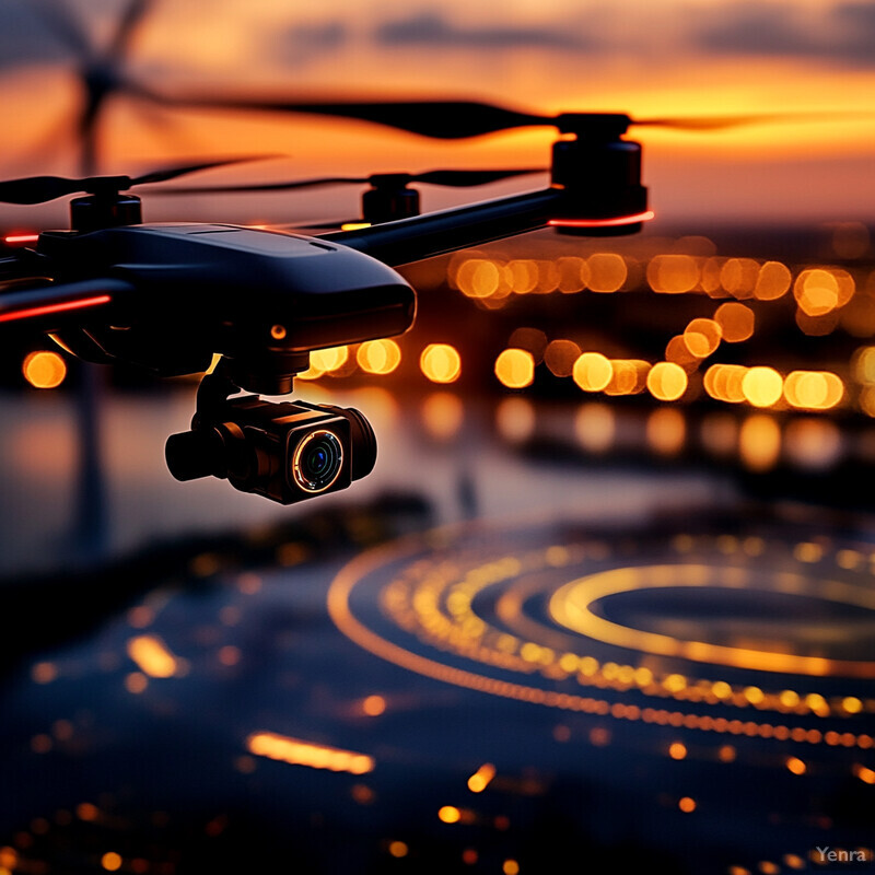 A black drone with a camera is flying over a cityscape at sunset.