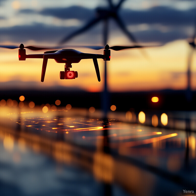 A drone flies over a body of water at sunset near wind turbines.