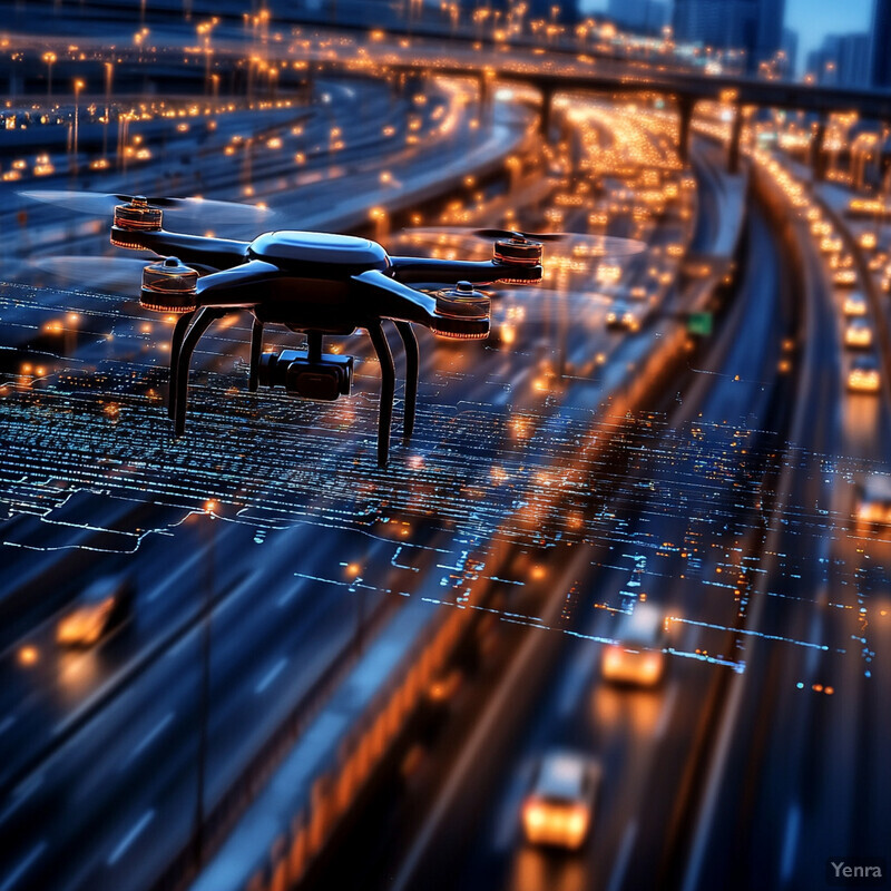 A drone flies over a busy city highway at night.