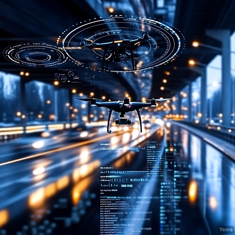 Two drones flying over a city street at night.