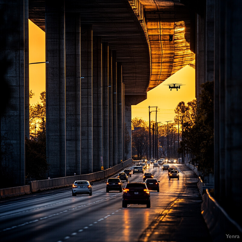 A serene highway scene at sunset with a drone flying in the background.