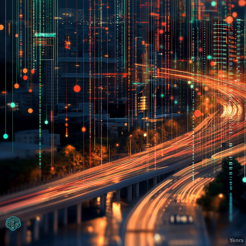 A nighttime cityscape featuring a highway and surrounding buildings