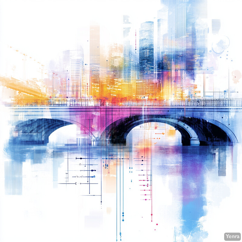 An abstract representation of a cityscape with a bridge spanning across a body of water, set against a backdrop of towering skyscrapers and buildings.