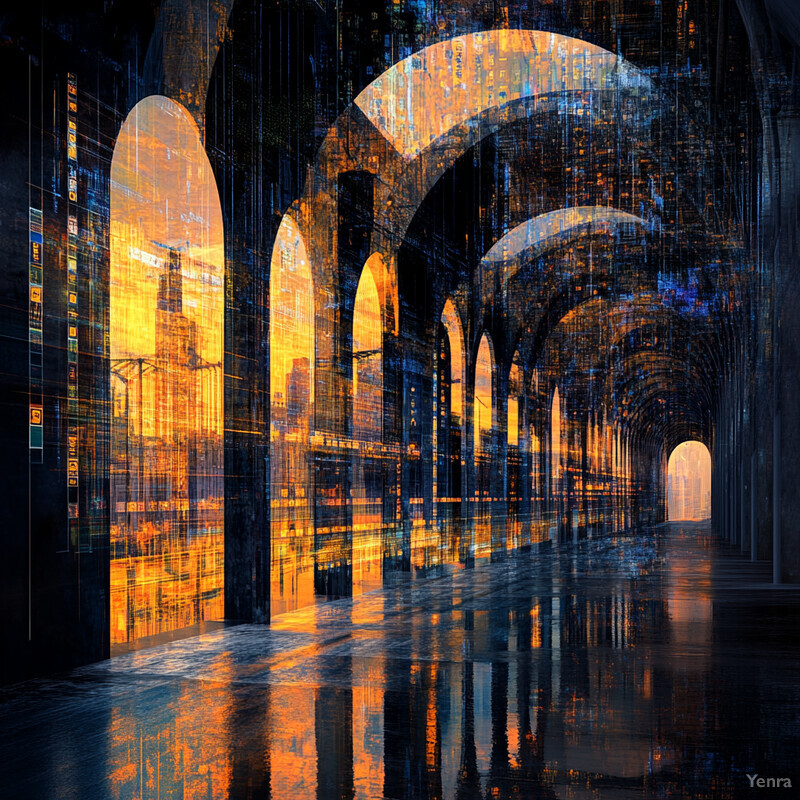 An abstract representation of a building's interior featuring an archway, pillars, and dark background.