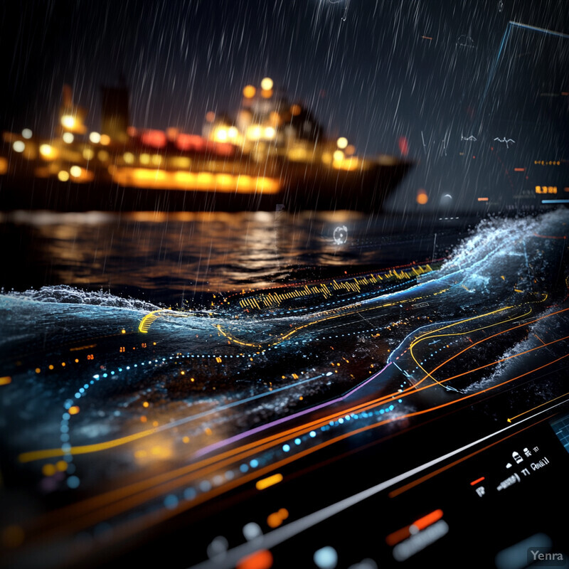 A large ship navigates through rough seas under heavy rain, with a dashboard in the foreground displaying gauges and dials for monitoring and controlling systems.